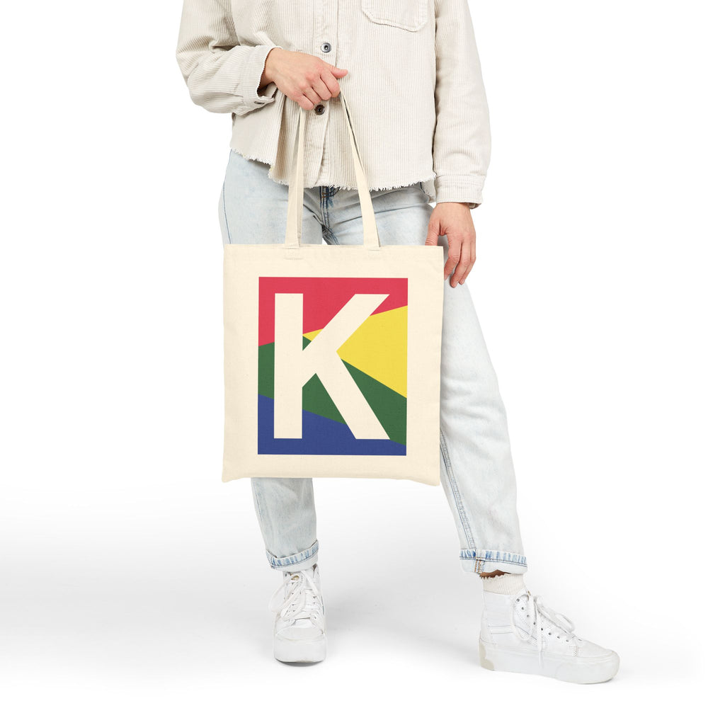 Initial K Colorblock Canvas Tote Bag — Monogram Letter K Reusable Grocery Tote