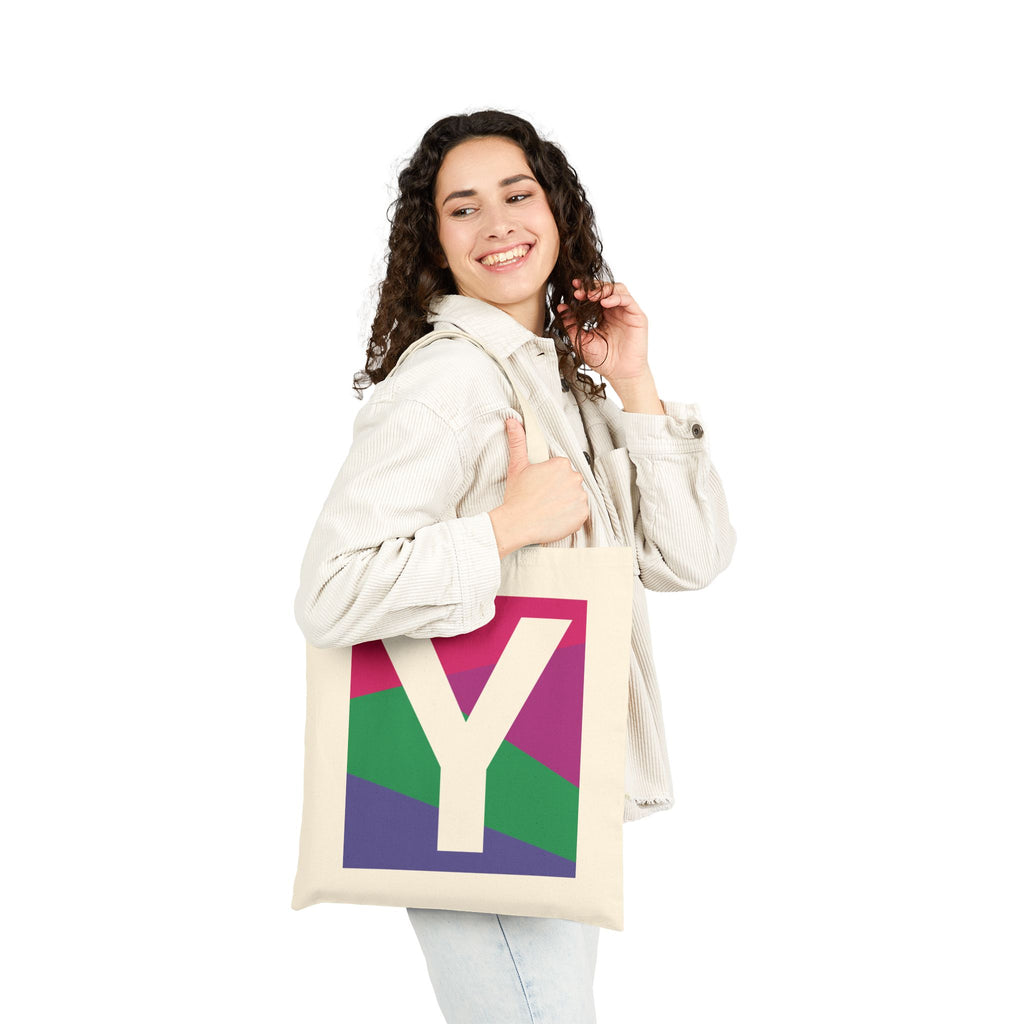 Initial Y Colorblock Canvas Tote Bag — Monogram Letter Y Reusable Grocery Tote