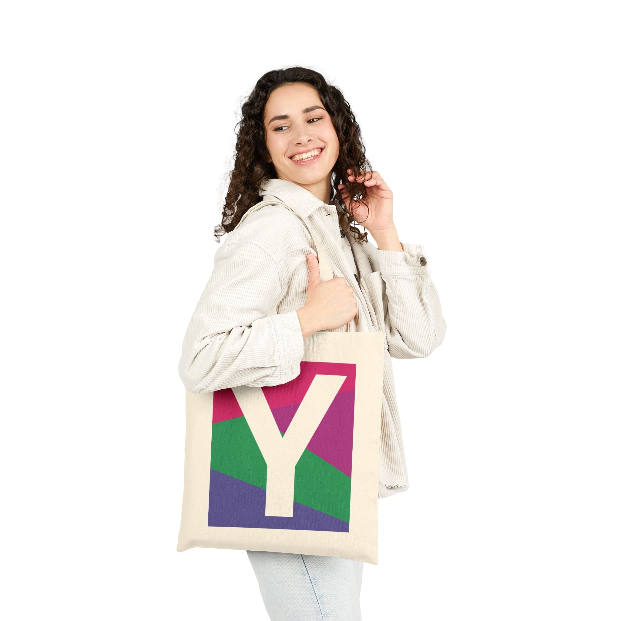 Initial Y Colorblock Canvas Tote Bag — Monogram Letter Y Reusable Grocery Tote