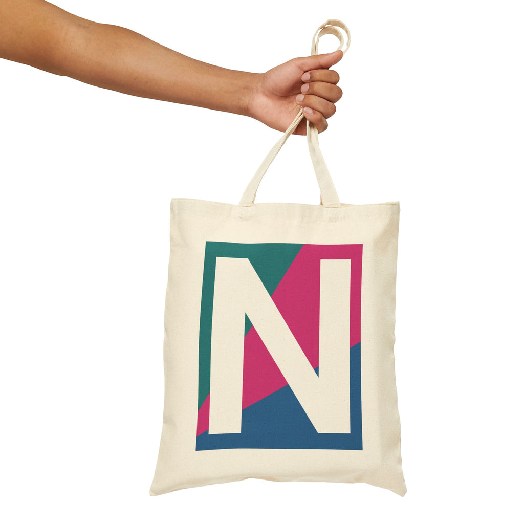 Initial N Colorblock Canvas Tote Bag — Monogram Letter N Reusable Grocery Tote