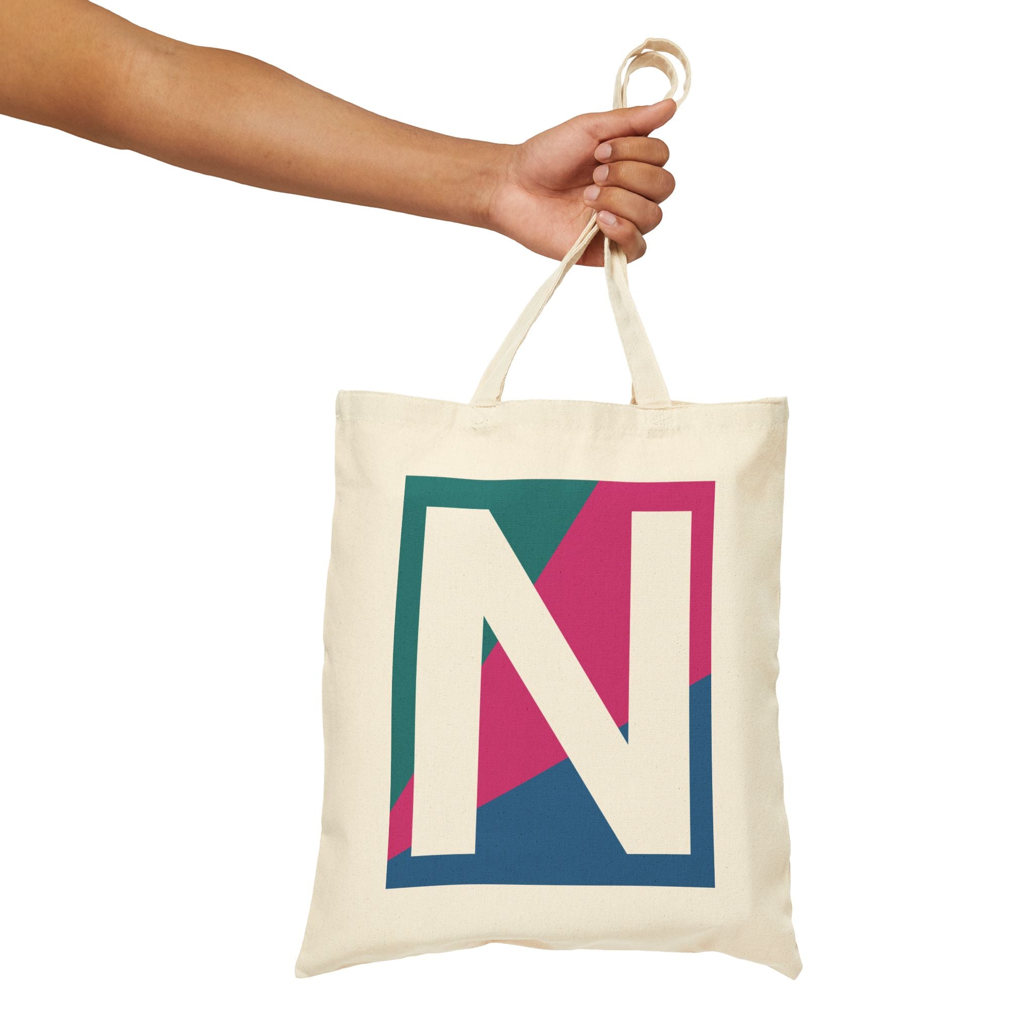 Initial N Colorblock Canvas Tote Bag — Monogram Letter N Reusable Grocery Tote