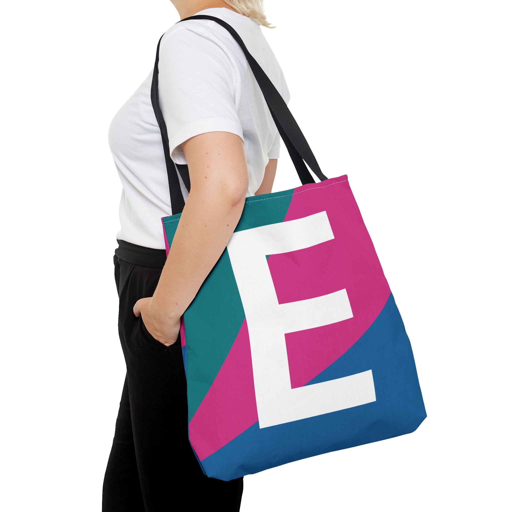 Monogram 'E' Colorblock Tote Bag — Personalized Initial E Shoulder Tote