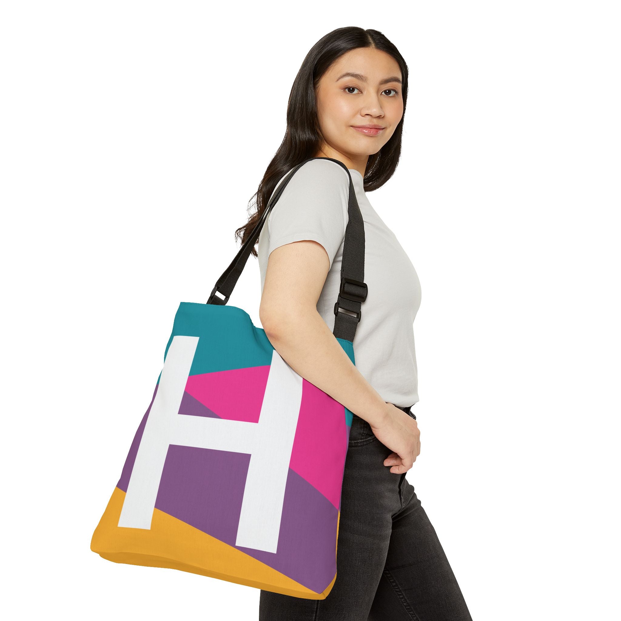 Initial Letter 'H' Colorblock Adjustable Tote Bag — Monogram Alphabet Shoulder Bag