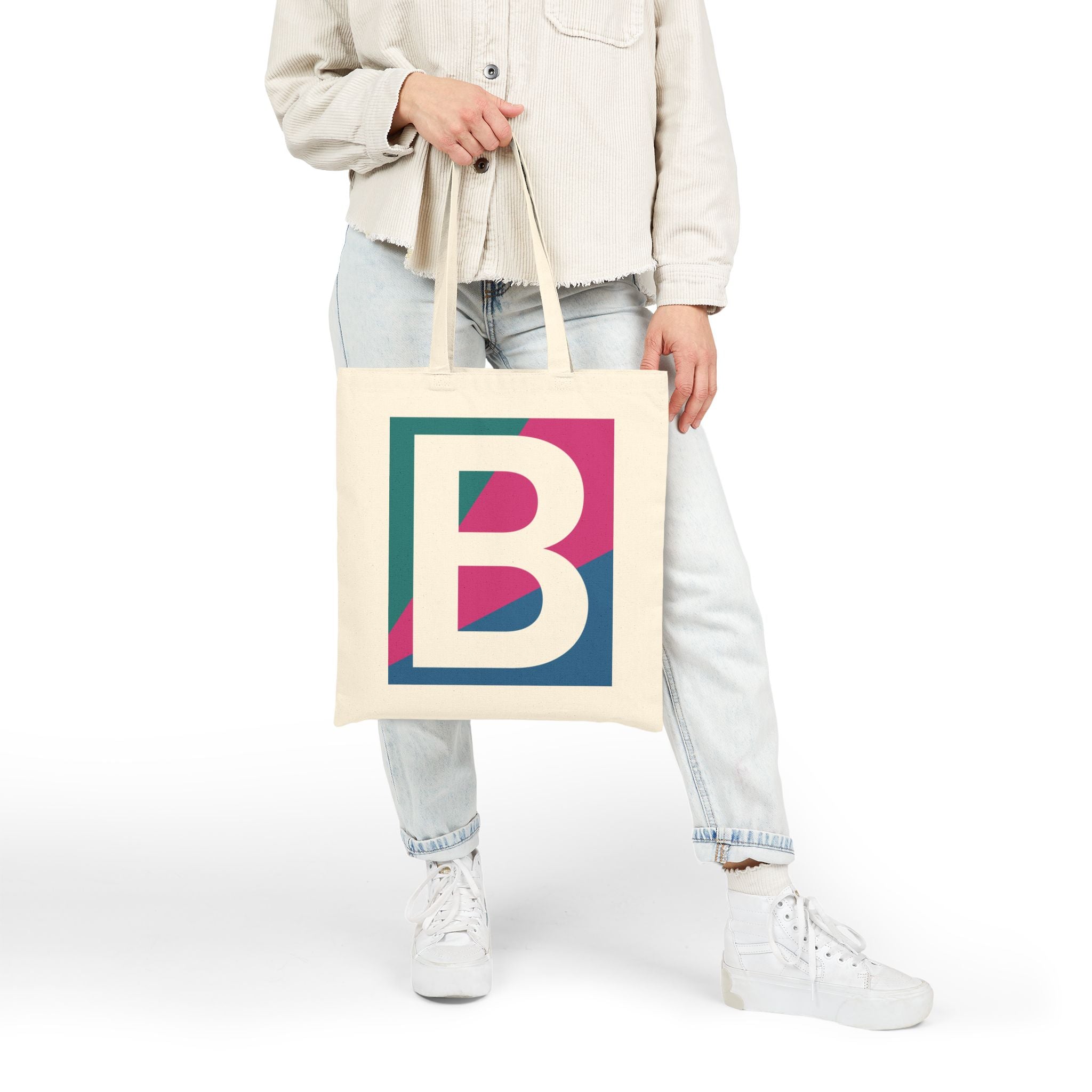 Initial B Colorblock Canvas Tote Bag — Monogram Letter B Reusable Grocery Tote