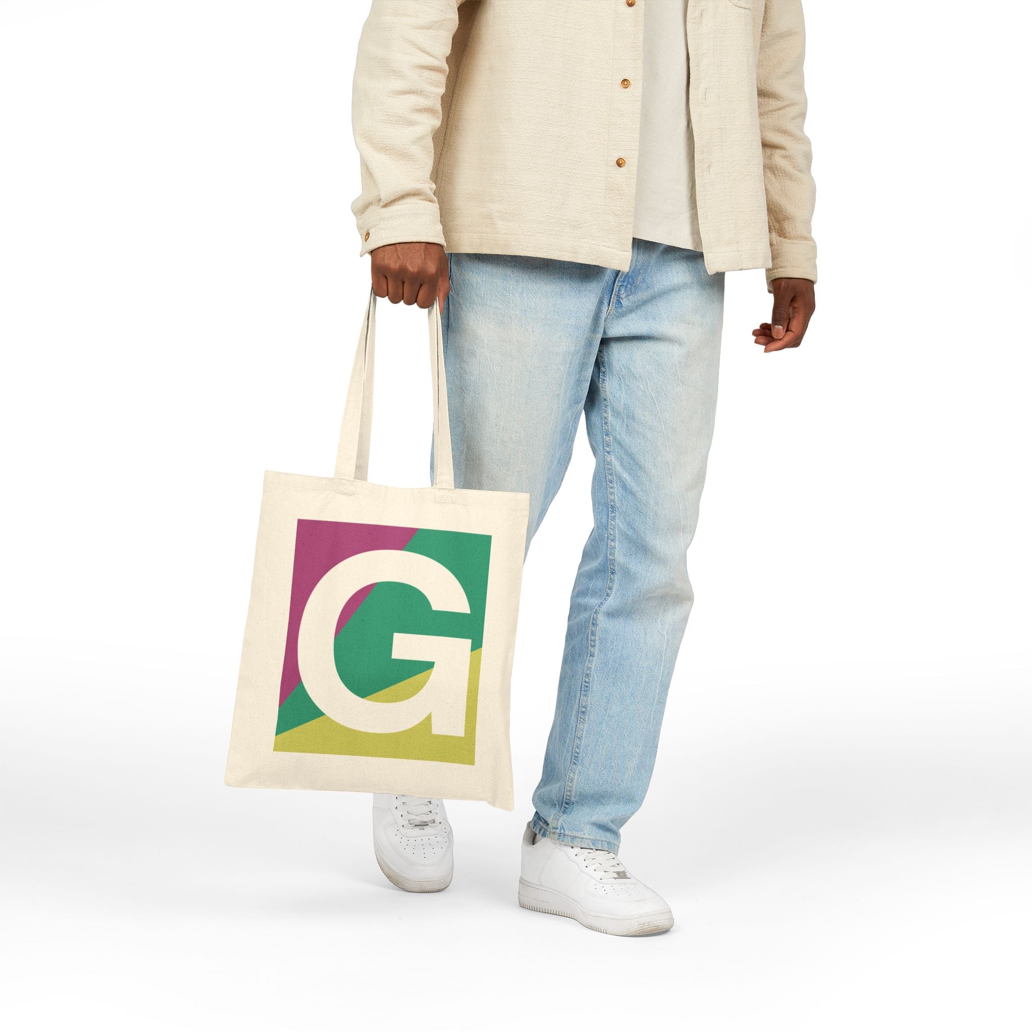 Initial G Colorblock Canvas Tote Bag — Monogram Letter G Reusable Grocery Tote
