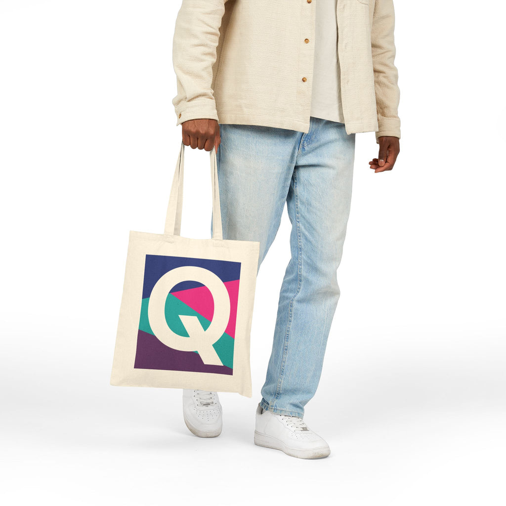 Initial Q Colorblock Canvas Tote Bag — Monogram Letter Q Reusable Grocery Tote