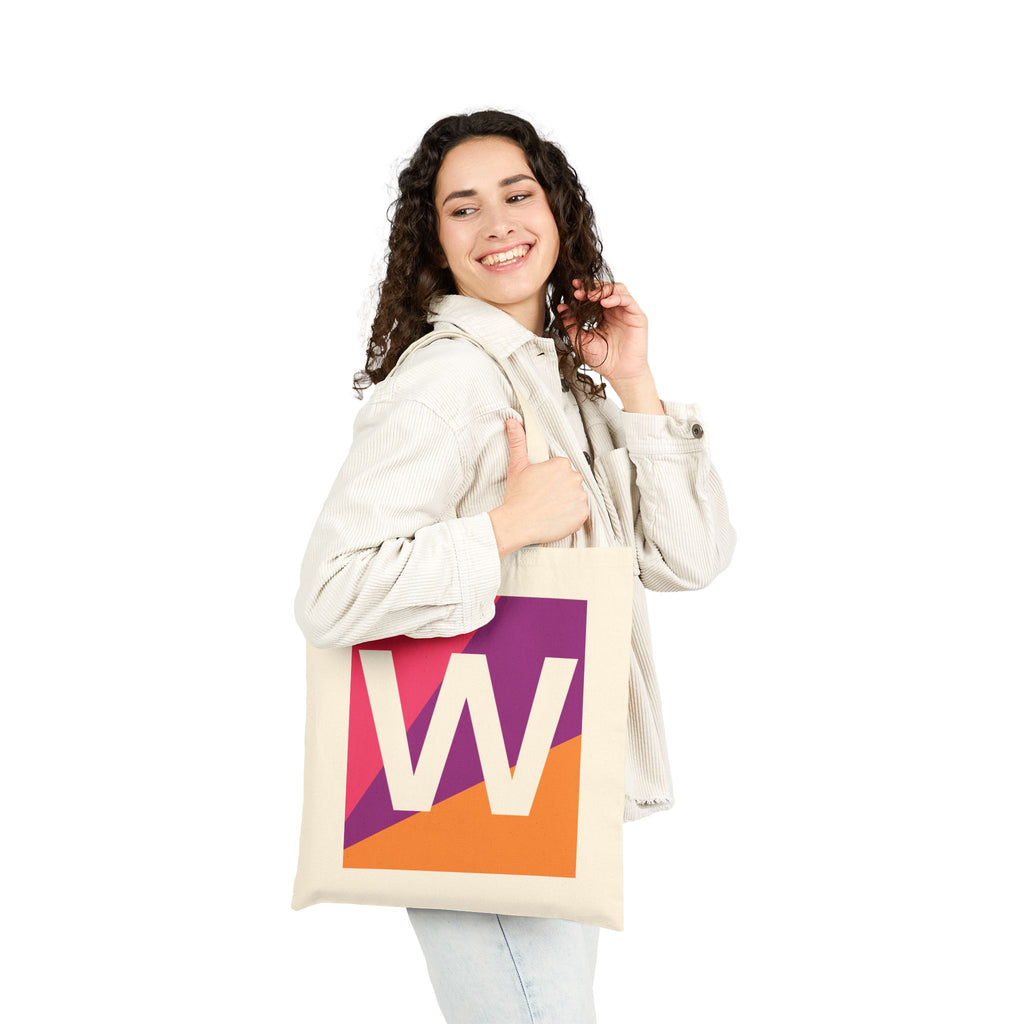Initial W Colorblock Canvas Tote Bag — Monogram Letter W Reusable Grocery Tote