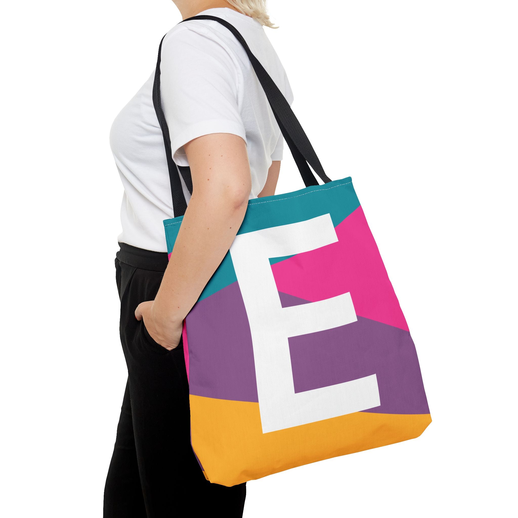 Monogram 'E' Colorblock Tote Bag — Personalized Initial E Shoulder Tote
