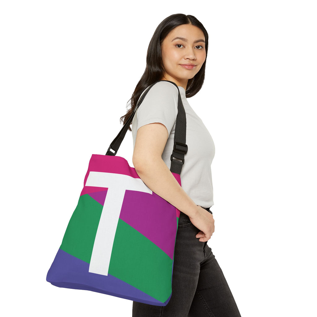 Initial Letter 'T' Colorblock Adjustable Tote Bag — Monogram Alphabet Shoulder Bag