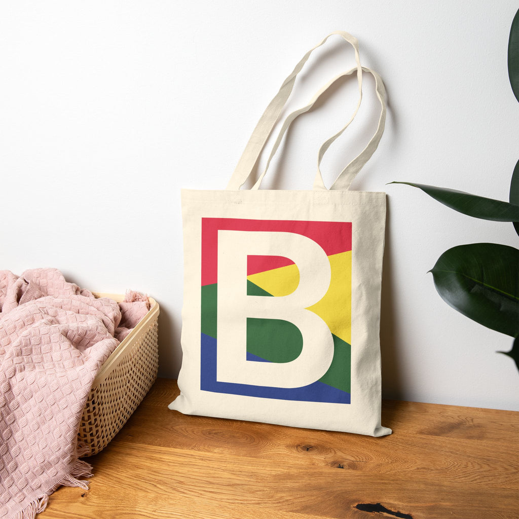 Initial B Colorblock Canvas Tote Bag — Monogram Letter B Reusable Grocery Tote