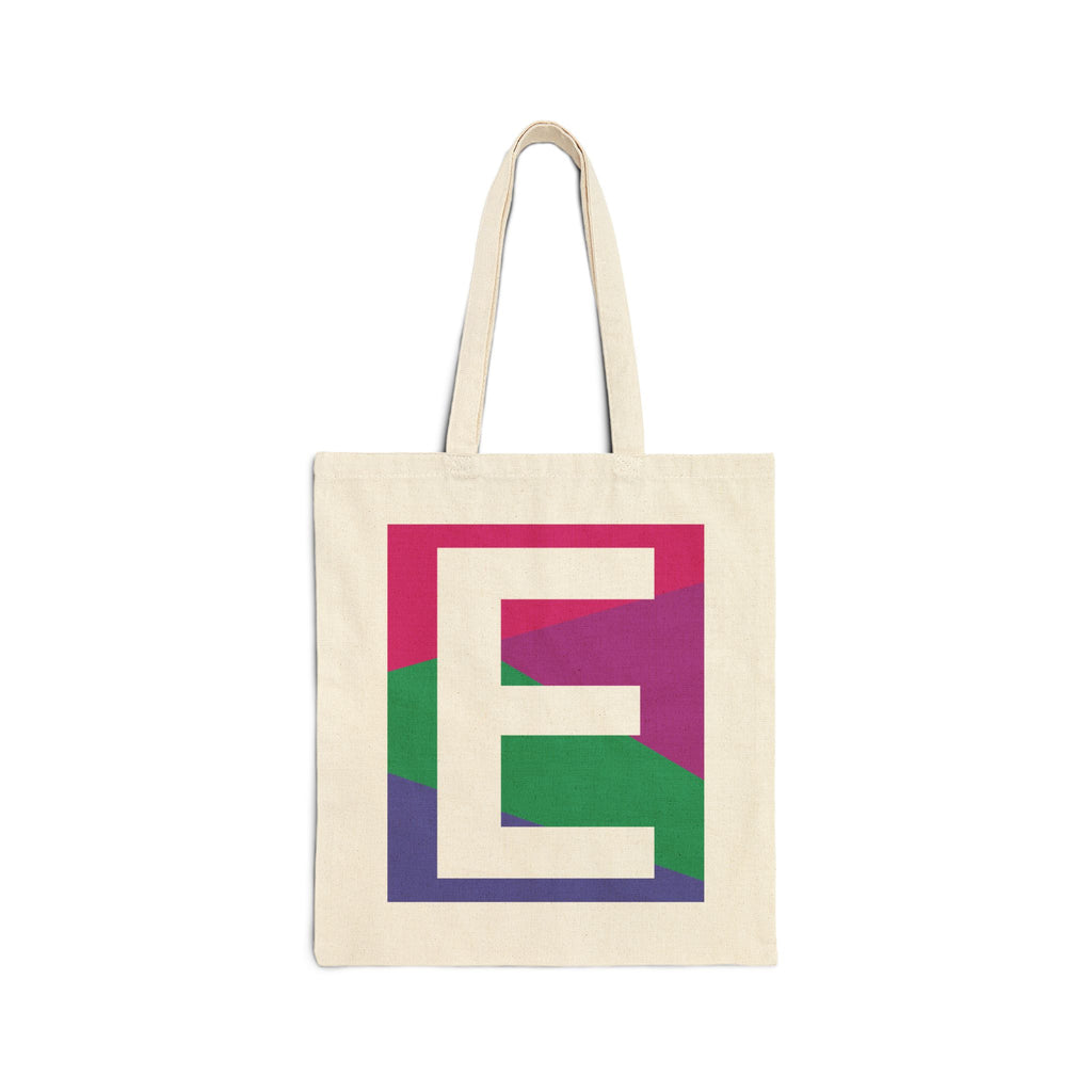 Initial E Colorblock Canvas Tote Bag — Monogram Letter E Reusable Grocery Tote