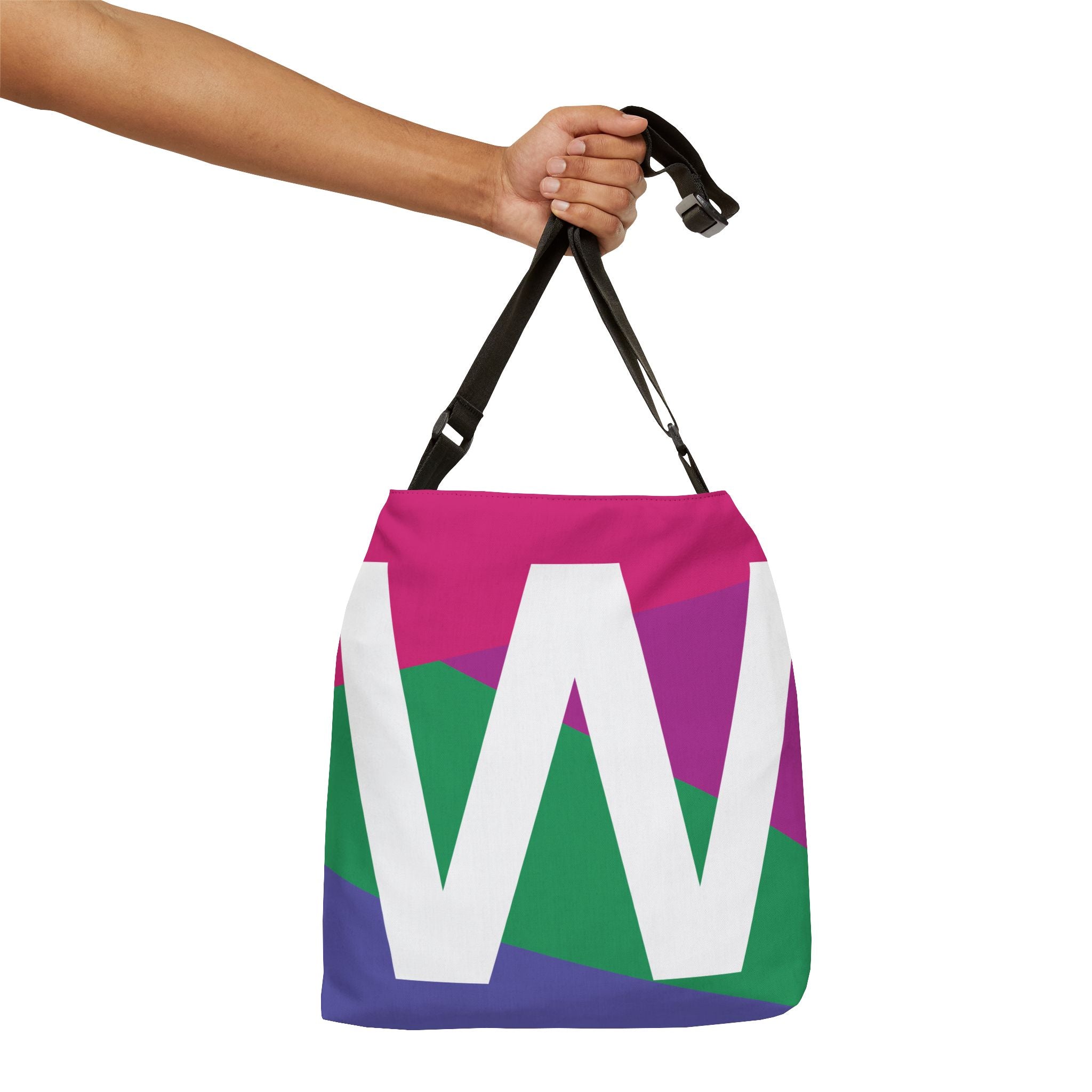 Initial Letter 'W' Colorblock Adjustable Tote Bag — Monogram Alphabet Shoulder Bag