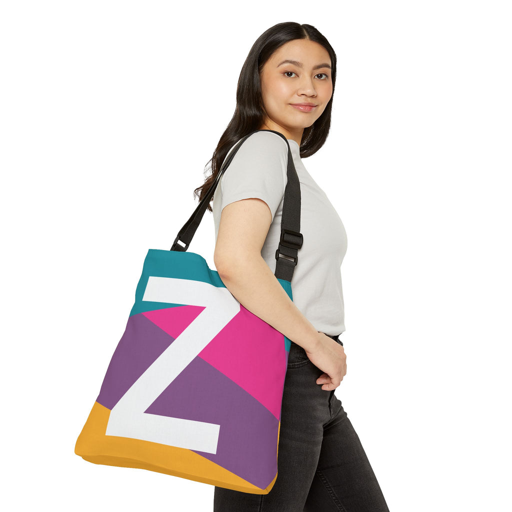 Initial Letter 'Z' Colorblock Adjustable Tote Bag — Monogram Alphabet Shoulder Bag