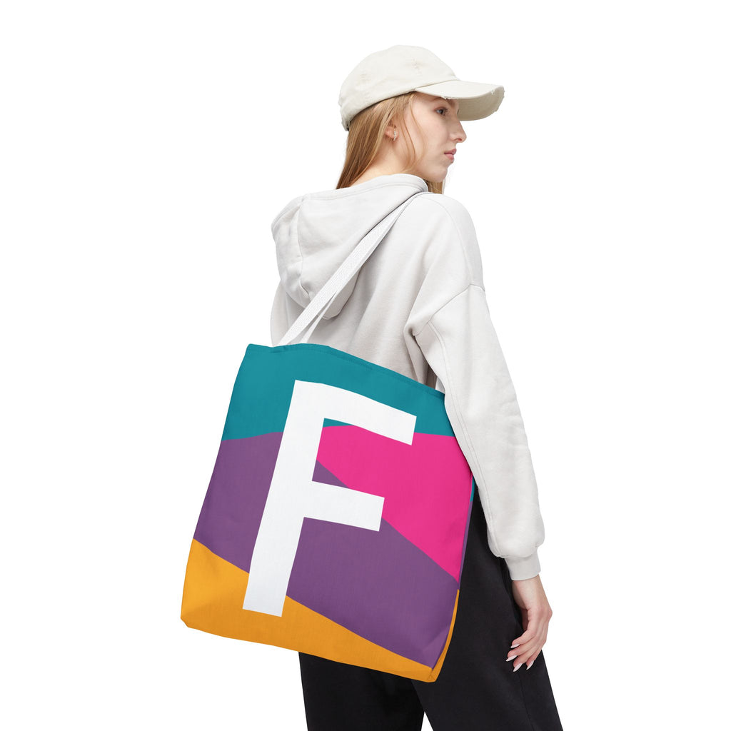 Monogram 'F' Colorblock Tote Bag — Personalized Initial F Shoulder Tote