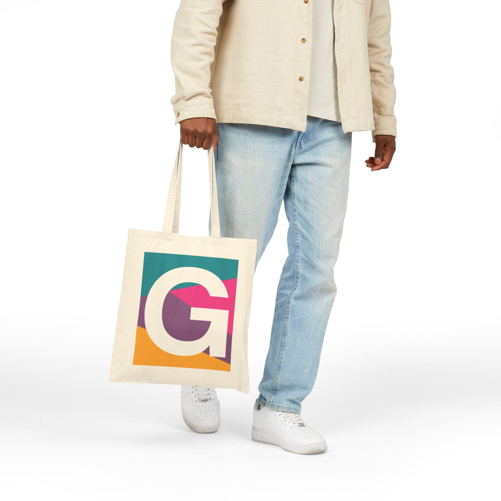 Initial G Colorblock Canvas Tote Bag — Monogram Letter G Reusable Grocery Tote