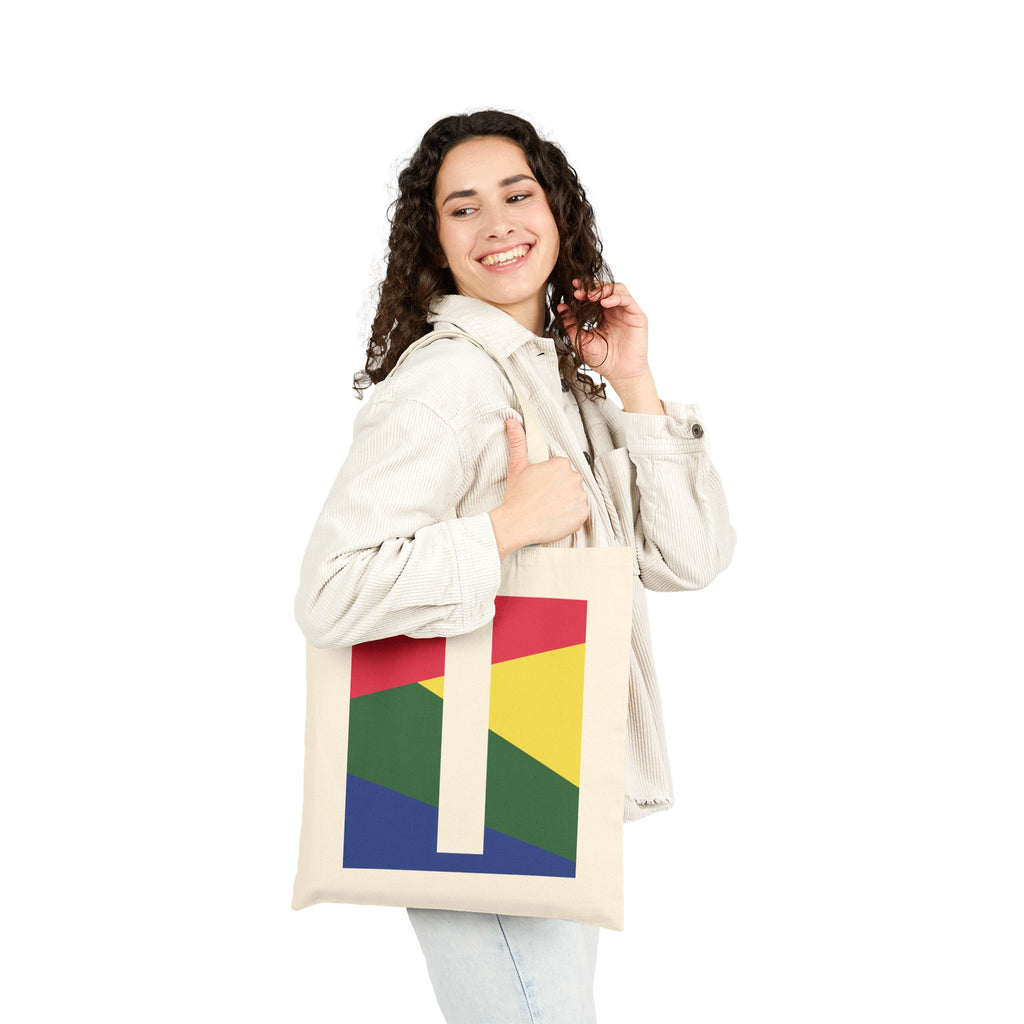 Initial I Colorblock Canvas Tote Bag — Monogram Letter I Reusable Grocery Tote