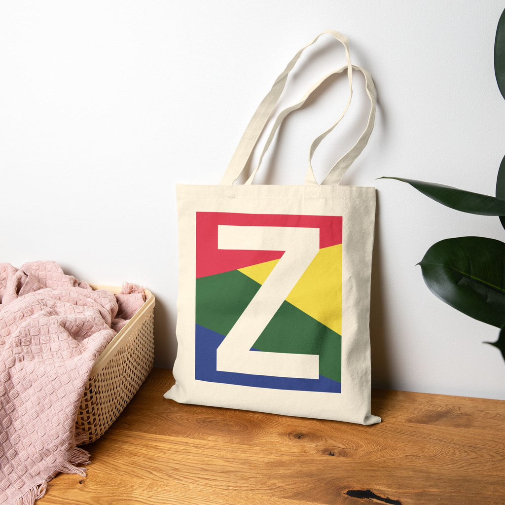 Initial Z Colorblock Canvas Tote Bag — Monogram Letter Z Reusable Grocery Tote