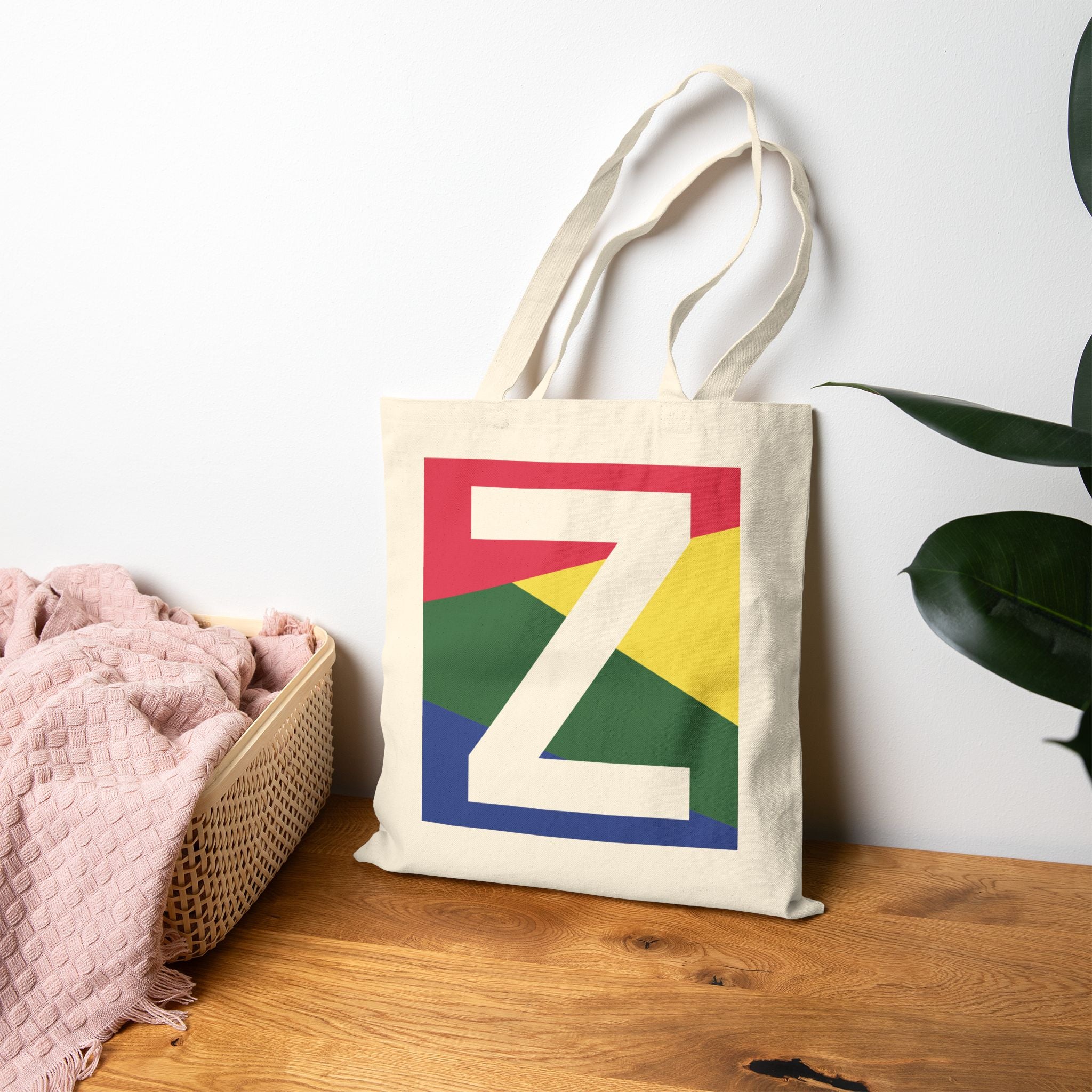 Initial Z Colorblock Canvas Tote Bag — Monogram Letter Z Reusable Grocery Tote