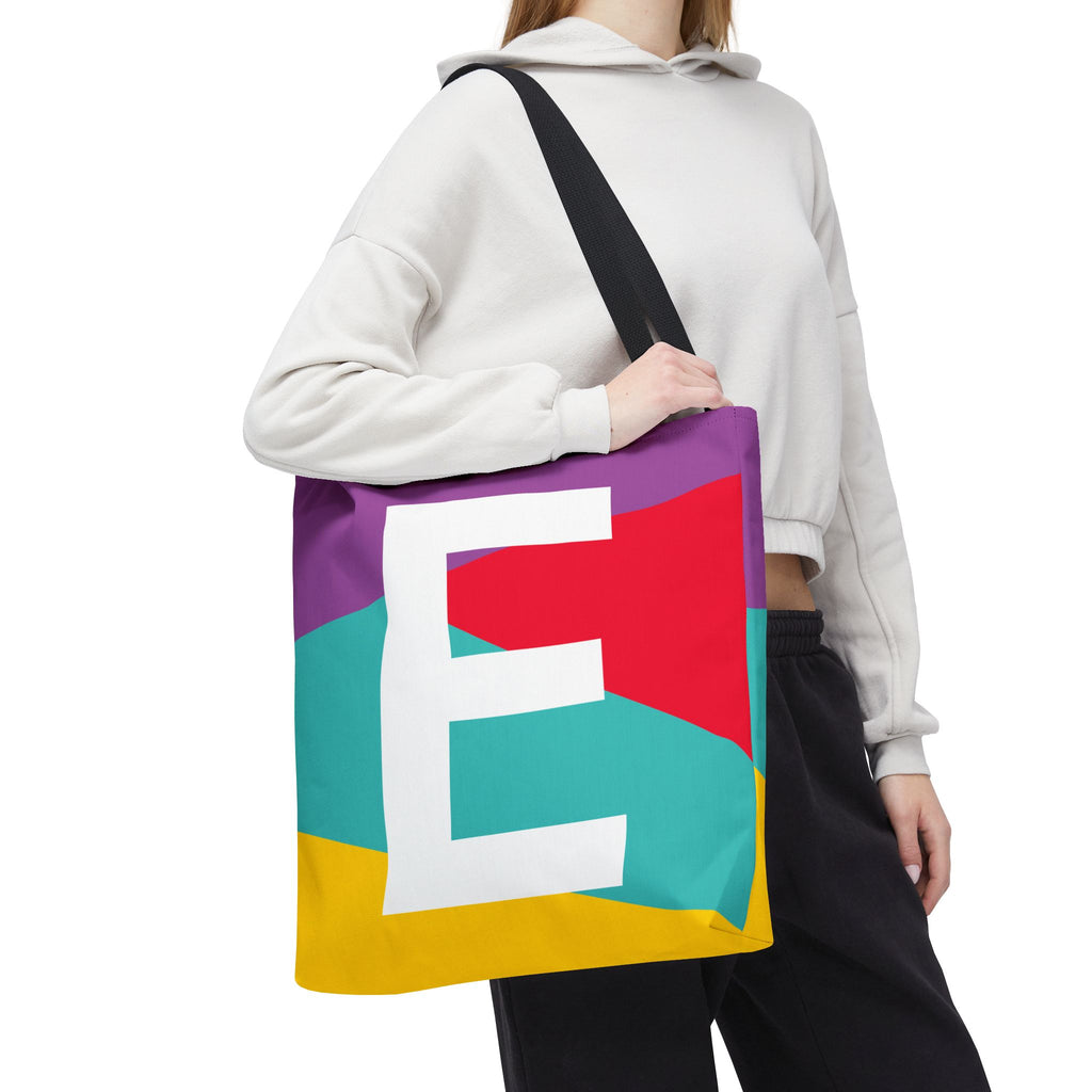 Monogram 'E' Colorblock Tote Bag — Personalized Initial E Shoulder Tote