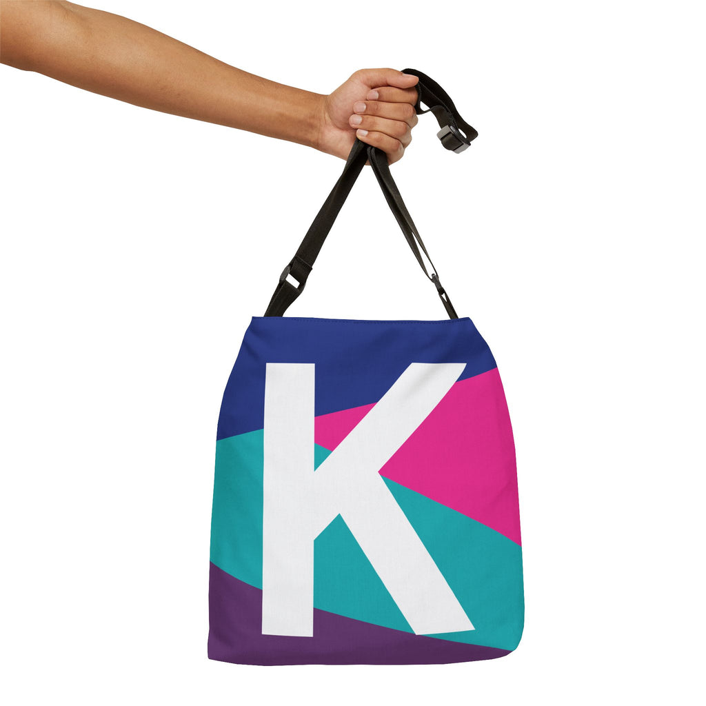 Initial Letter 'K' Colorblock Adjustable Tote Bag — Monogram Alphabet Shoulder Bag