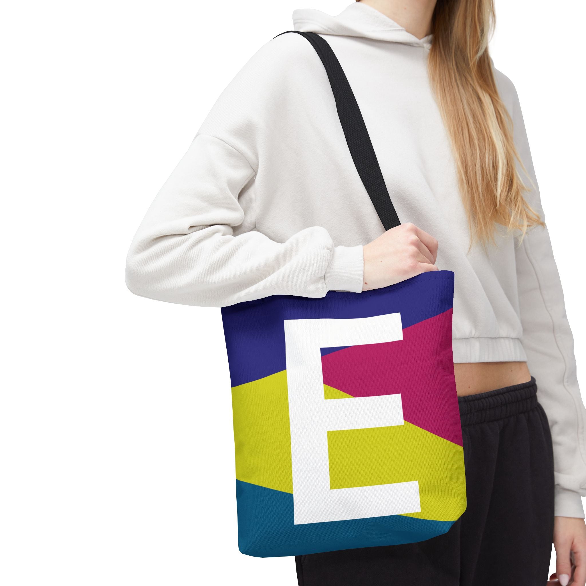 Monogram 'E' Colorblock Tote Bag — Personalized Initial E Shoulder Tote