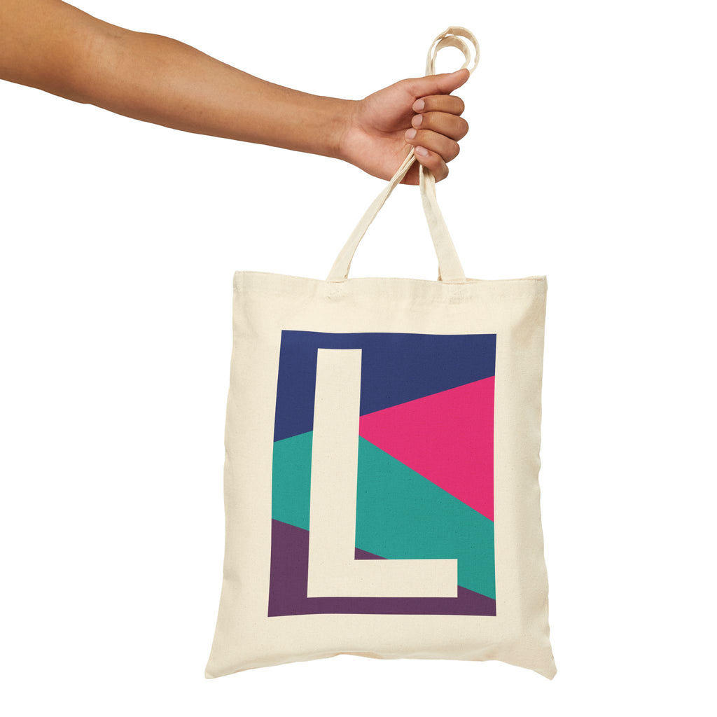 Initial L Colorblock Canvas Tote Bag — Monogram Letter L Reusable Grocery Tote