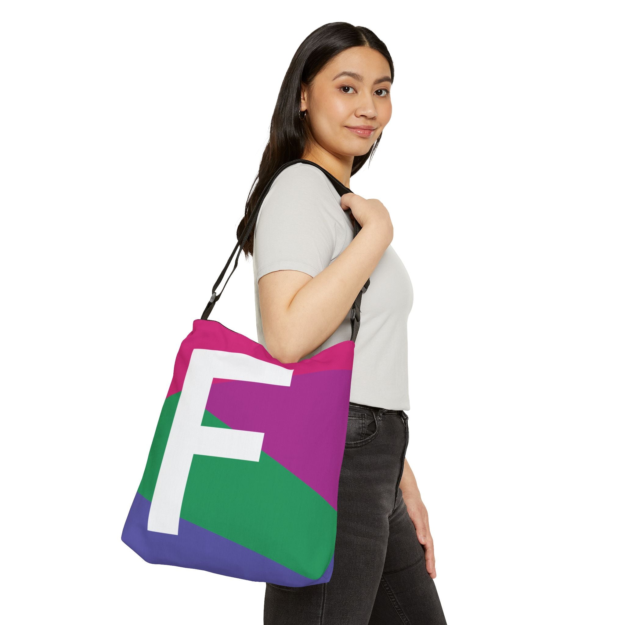 Initial Letter 'F' Colorblock Adjustable Tote Bag — Monogram Alphabet Shoulder Bag