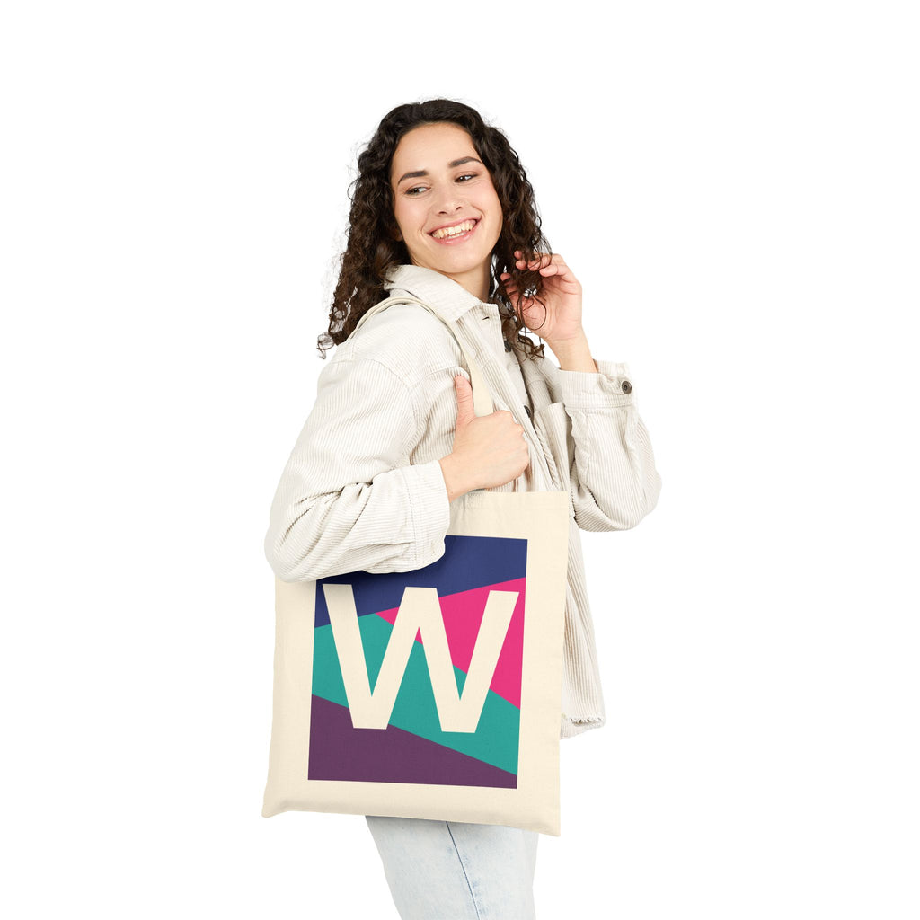 Initial W Colorblock Canvas Tote Bag — Monogram Letter W Reusable Grocery Tote