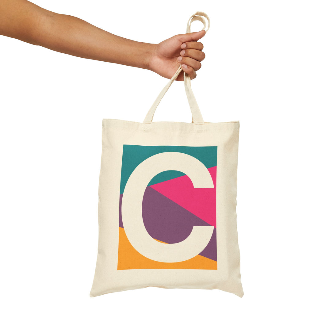 Initial C Colorblock Canvas Tote Bag — Monogram Letter C Reusable Grocery Tote