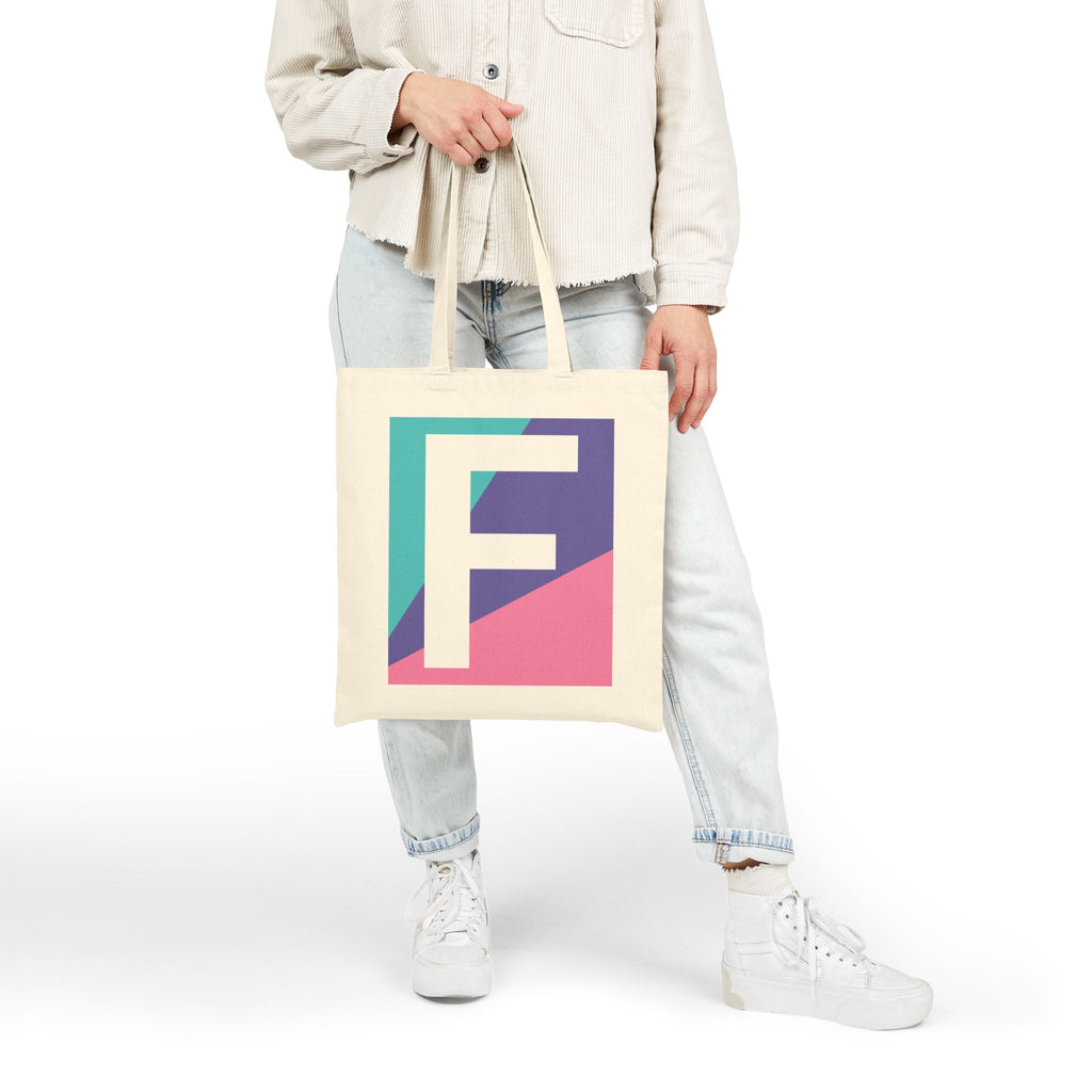 Initial F Colorblock Canvas Tote Bag — Monogram Letter F Reusable Grocery Tote