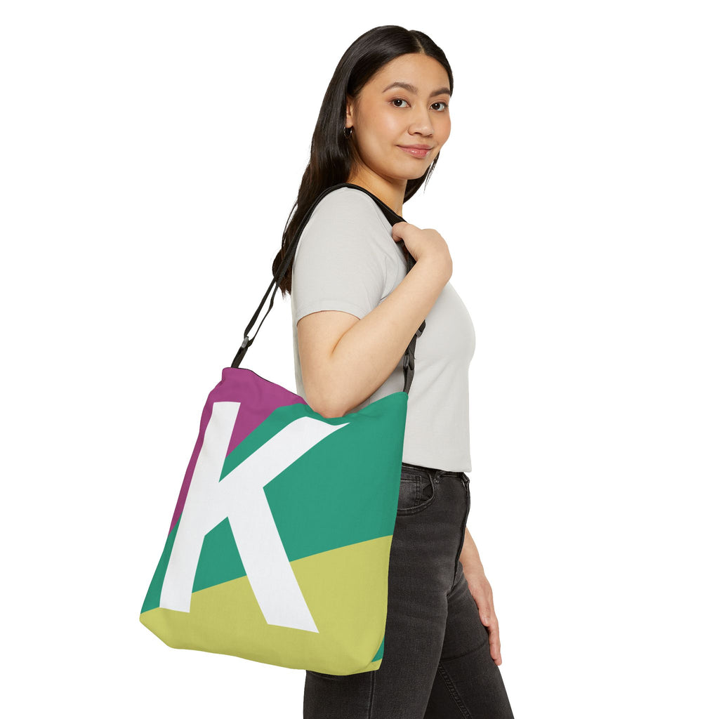Initial Letter 'K' Colorblock Adjustable Tote Bag — Monogram Alphabet Shoulder Bag