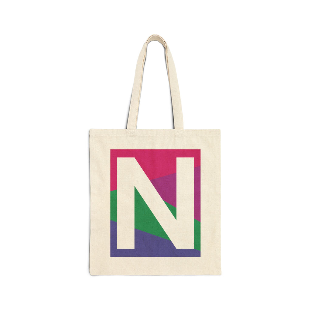 Initial N Colorblock Canvas Tote Bag — Monogram Letter N Reusable Grocery Tote
