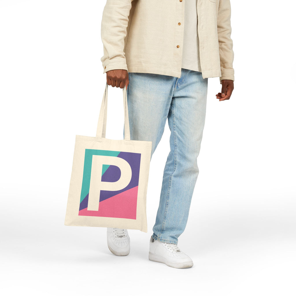 Initial P Colorblock Canvas Tote Bag — Monogram Letter P Reusable Grocery Tote