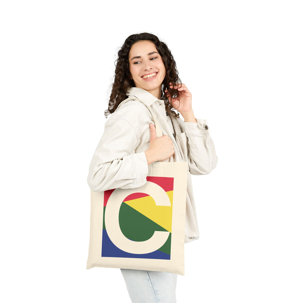 Initial C Colorblock Canvas Tote Bag — Monogram Letter C Reusable Grocery Tote