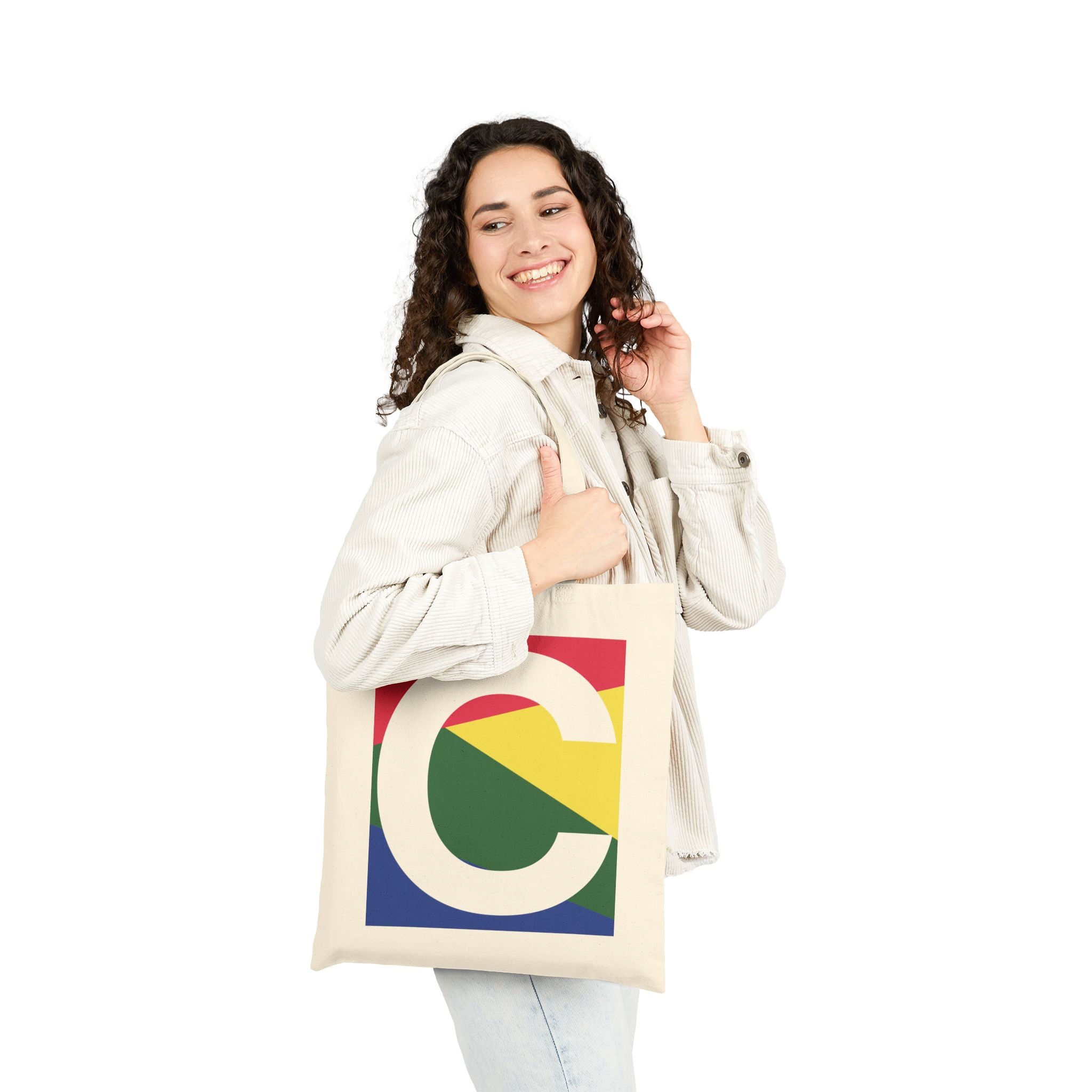 Initial C Colorblock Canvas Tote Bag — Monogram Letter C Reusable Grocery Tote