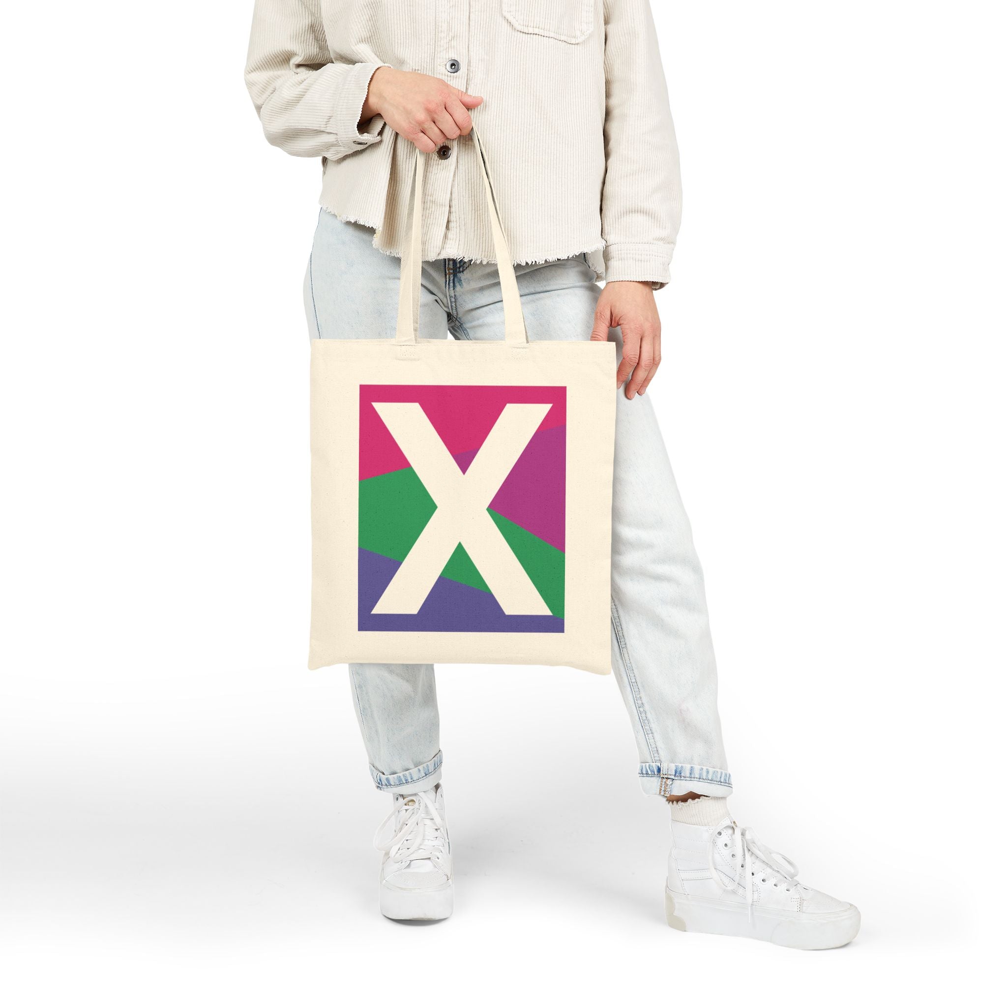 Initial X Colorblock Canvas Tote Bag — Monogram Letter X Reusable Grocery Tote