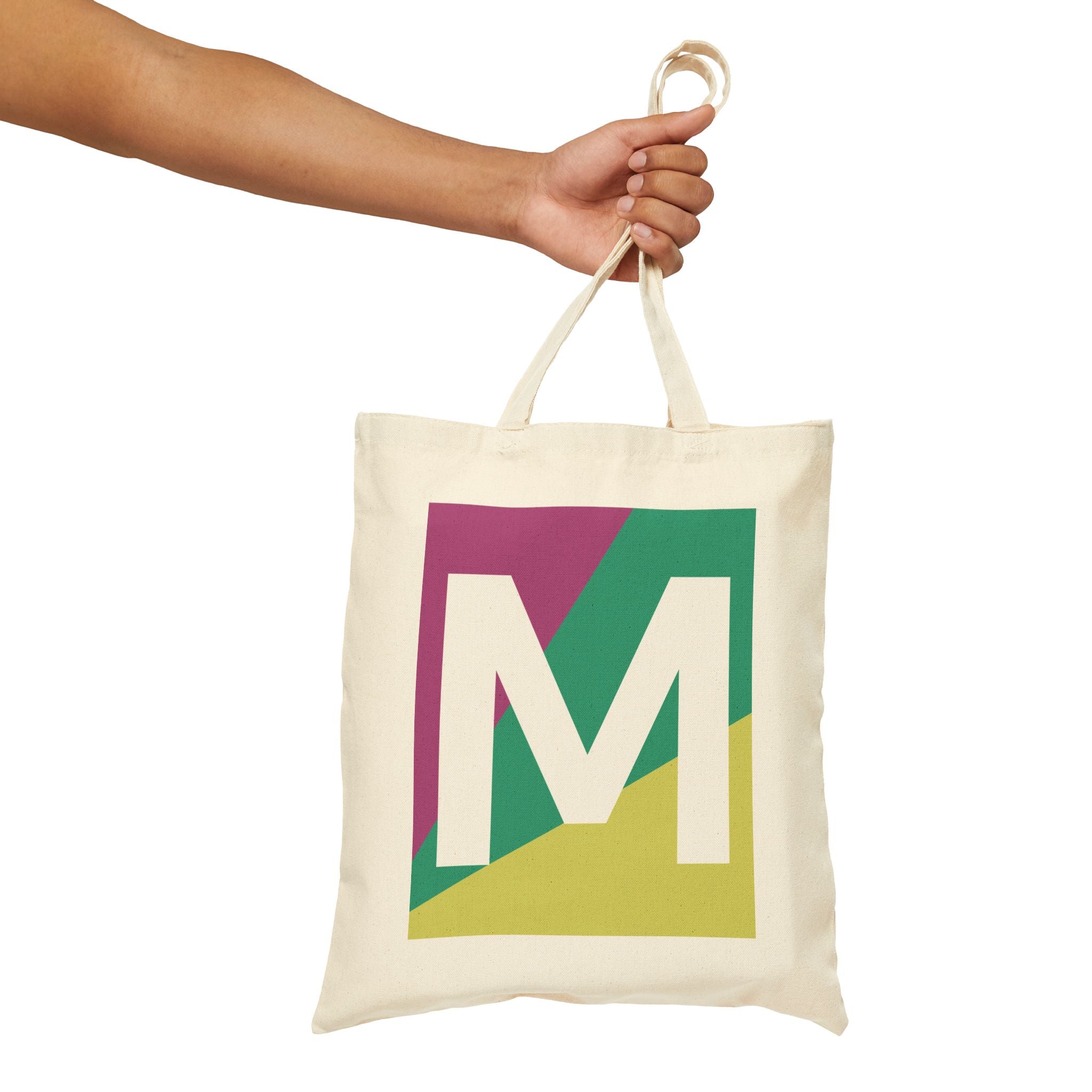 Initial M Colorblock Canvas Tote Bag — Monogram Letter M Reusable Grocery Tote