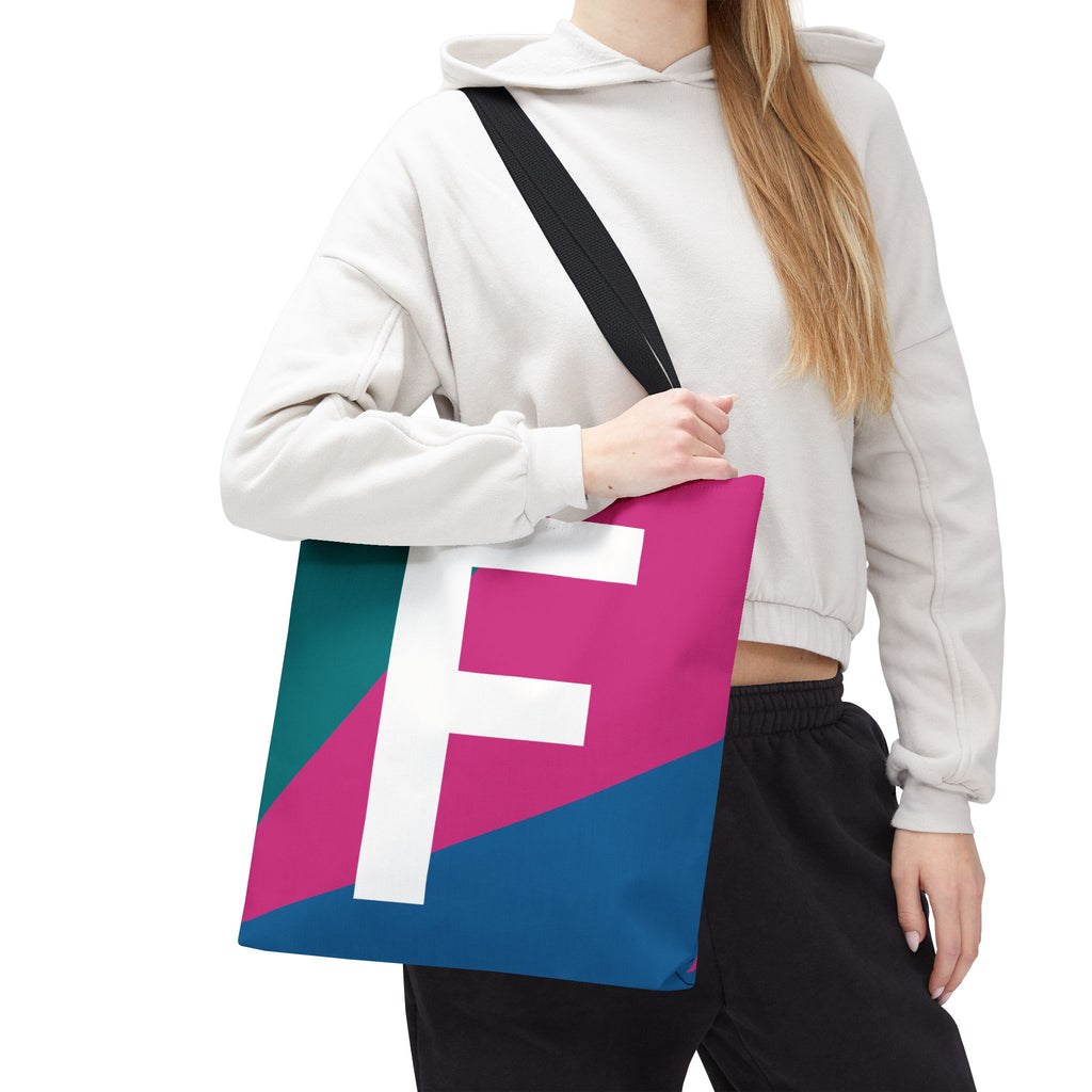 Monogram 'F' Colorblock Tote Bag — Personalized Initial F Shoulder Tote