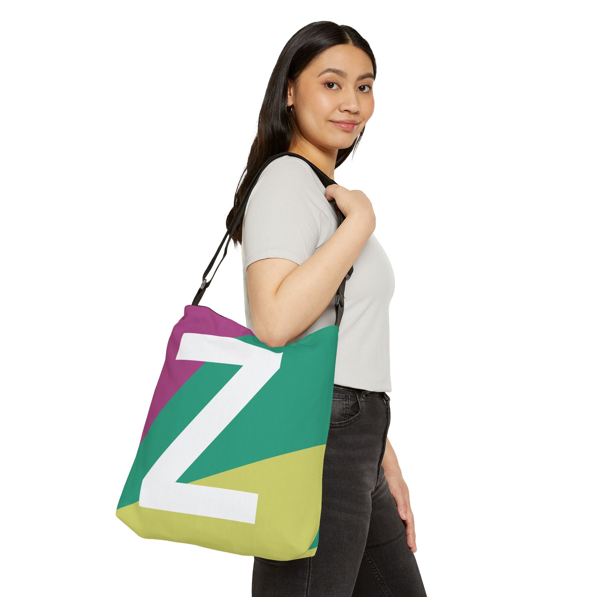 Initial Letter 'Z' Colorblock Adjustable Tote Bag — Monogram Alphabet Shoulder Bag