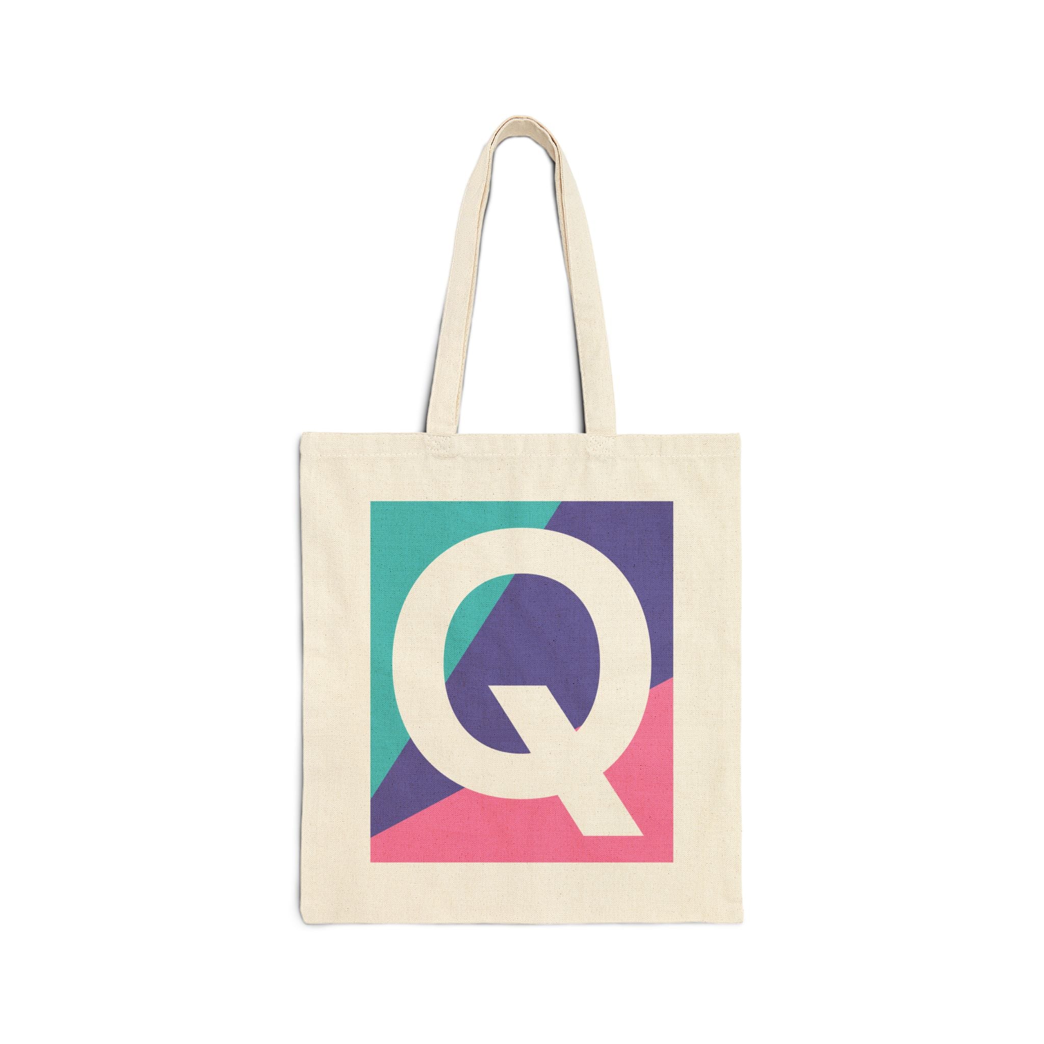 Initial Q Colorblock Canvas Tote Bag — Monogram Letter Q Reusable Grocery Tote