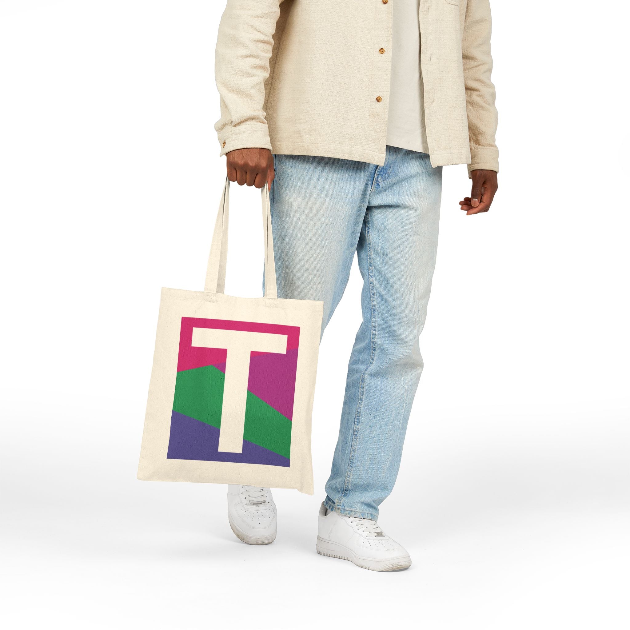 Initial T Colorblock Canvas Tote Bag — Monogram Letter T Reusable Grocery Tote