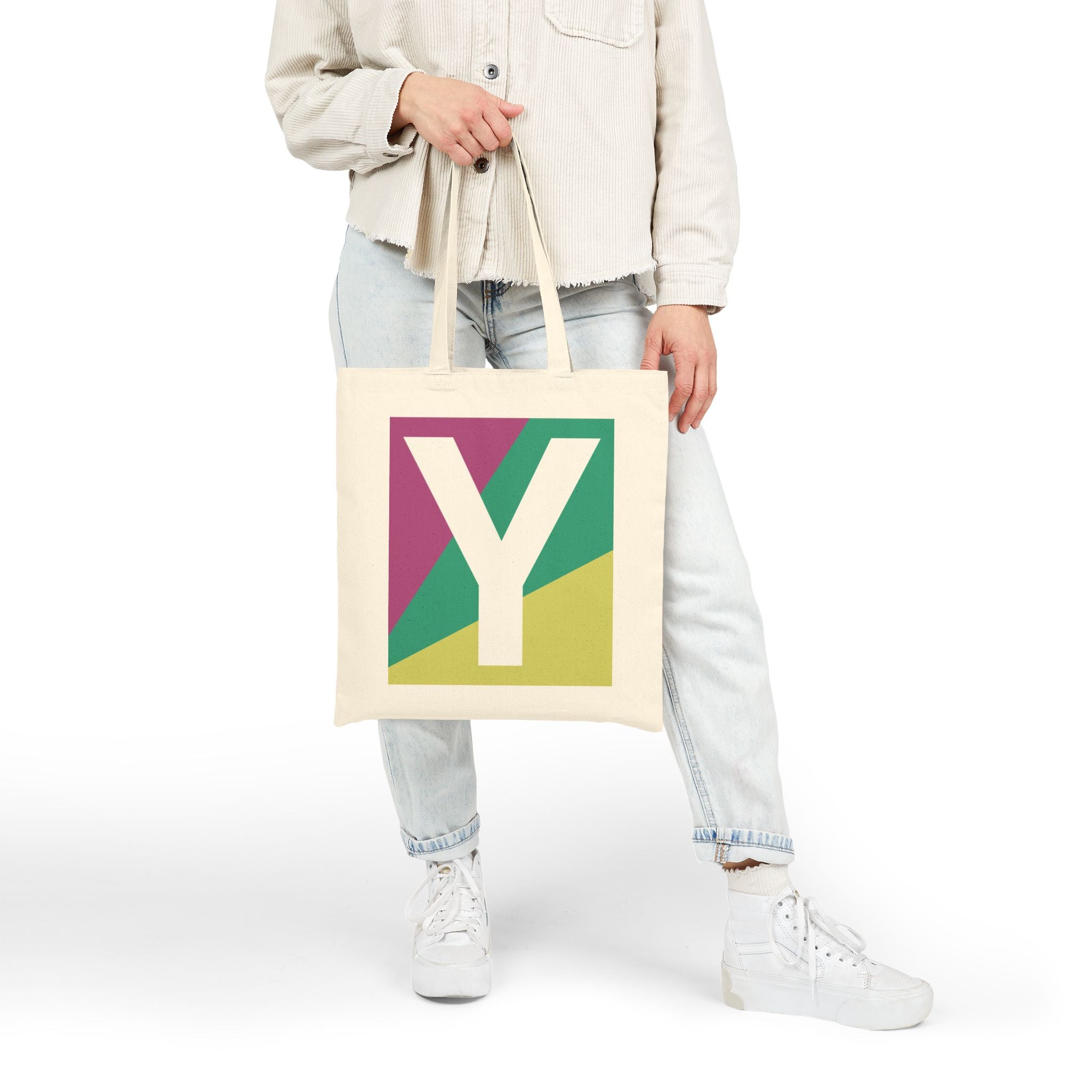 Initial Y Colorblock Canvas Tote Bag — Monogram Letter Y Reusable Grocery Tote