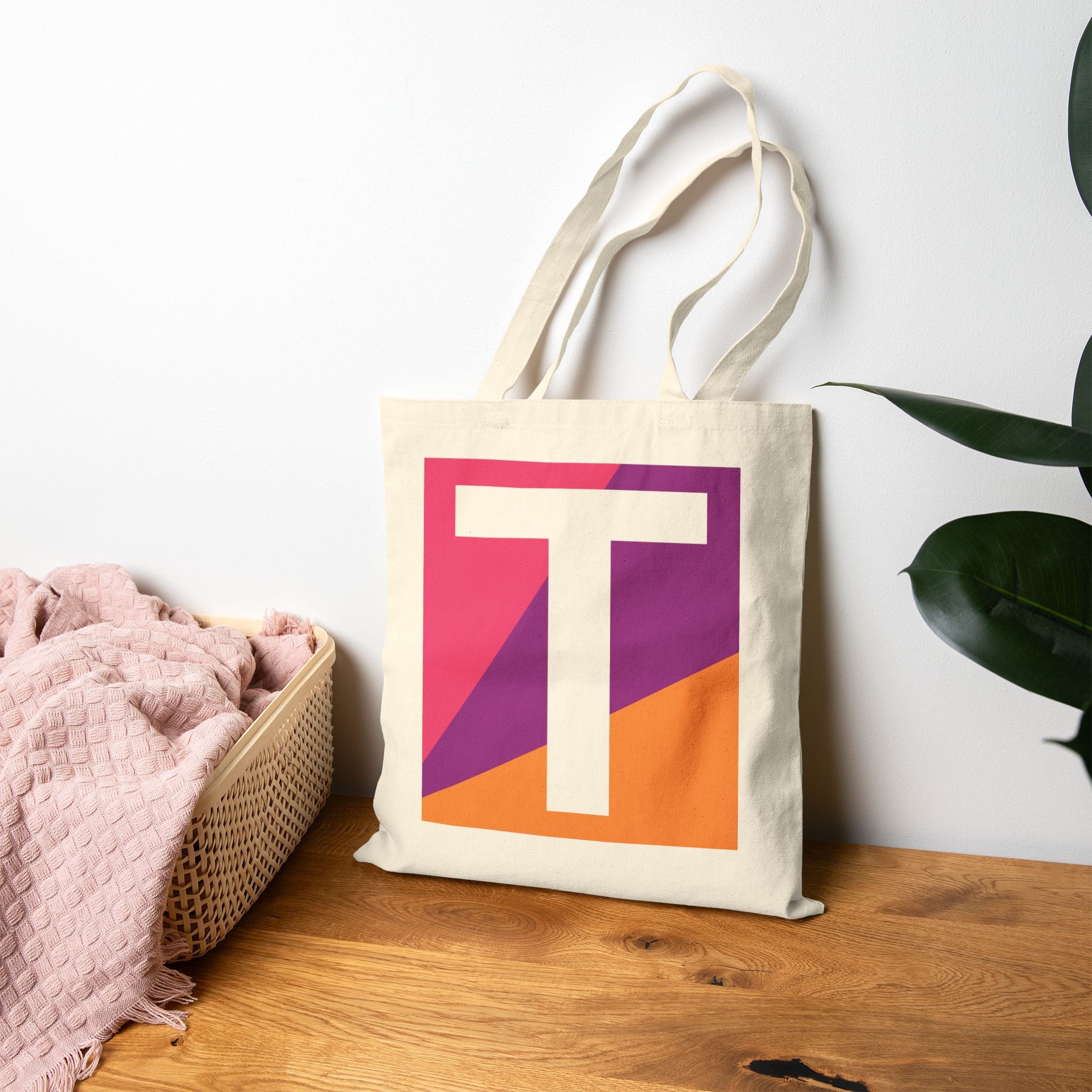 Initial T Colorblock Canvas Tote Bag — Monogram Letter T Reusable Grocery Tote