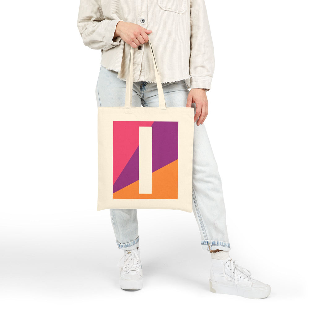 Initial I Colorblock Canvas Tote Bag — Monogram Letter I Reusable Grocery Tote