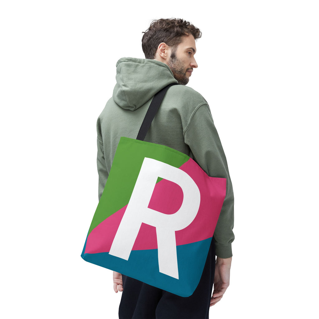 Monogram 'R' Colorblock Tote Bag — Personalized Initial R Shoulder Tote