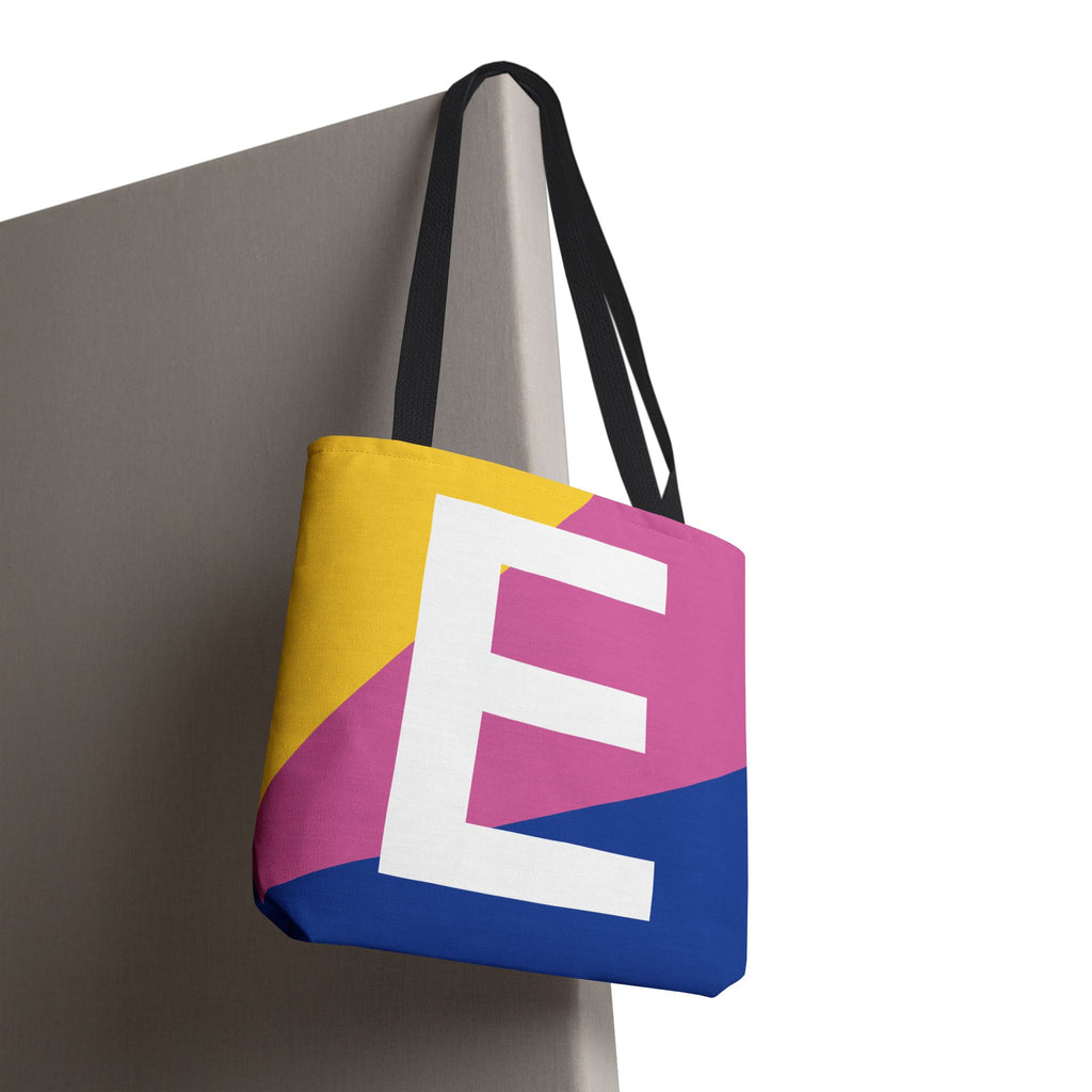 Monogram 'E' Colorblock Tote Bag — Personalized Initial E Shoulder Tote
