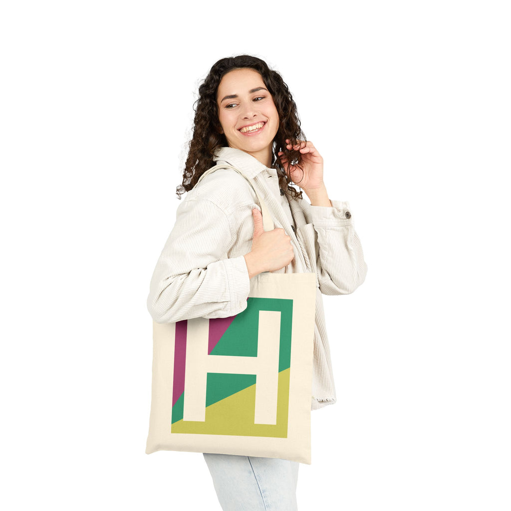 Initial H Colorblock Canvas Tote Bag — Monogram Letter H Reusable Grocery Tote