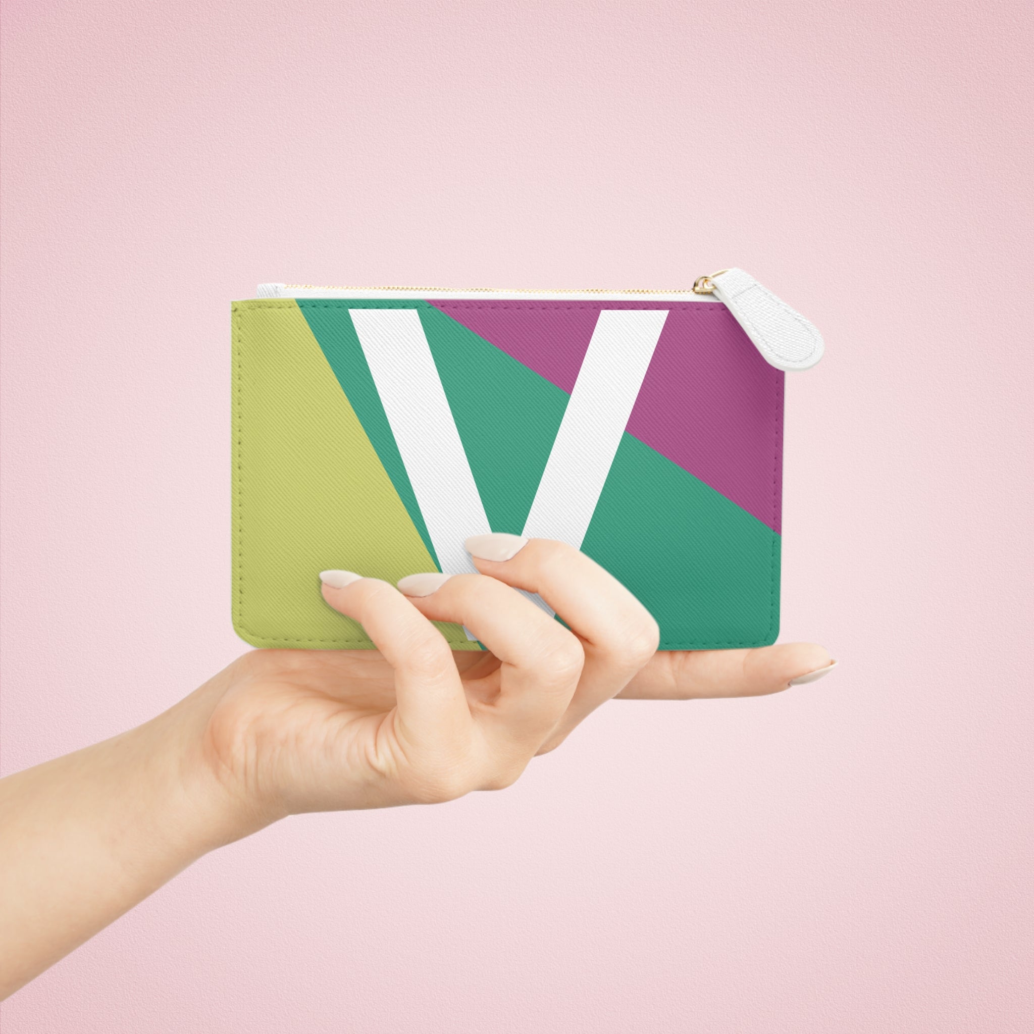 Initial V Mini Clutch — Colorblock Monogram Wristlet Wallet
