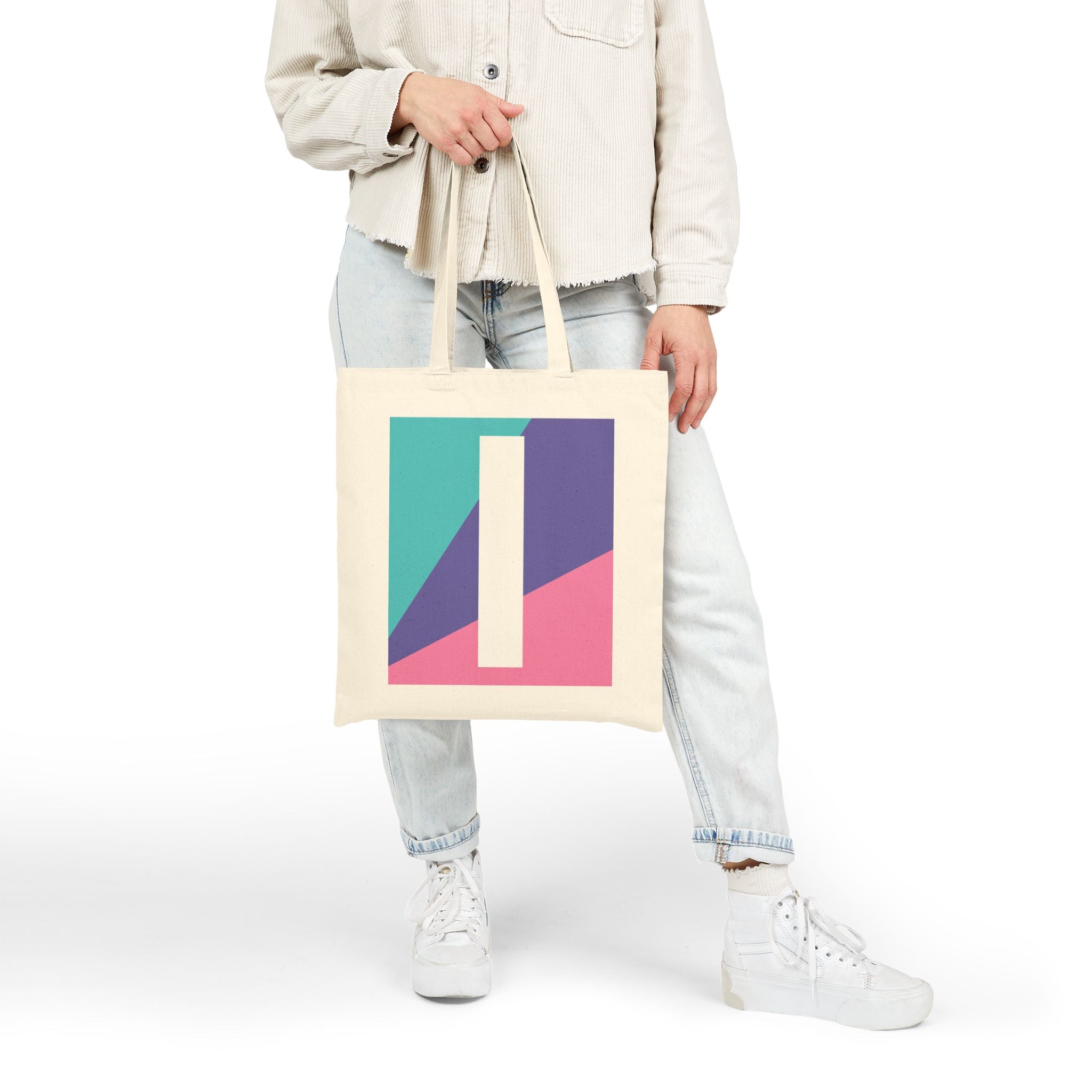 Initial I Colorblock Canvas Tote Bag — Monogram Letter I Reusable Grocery Tote