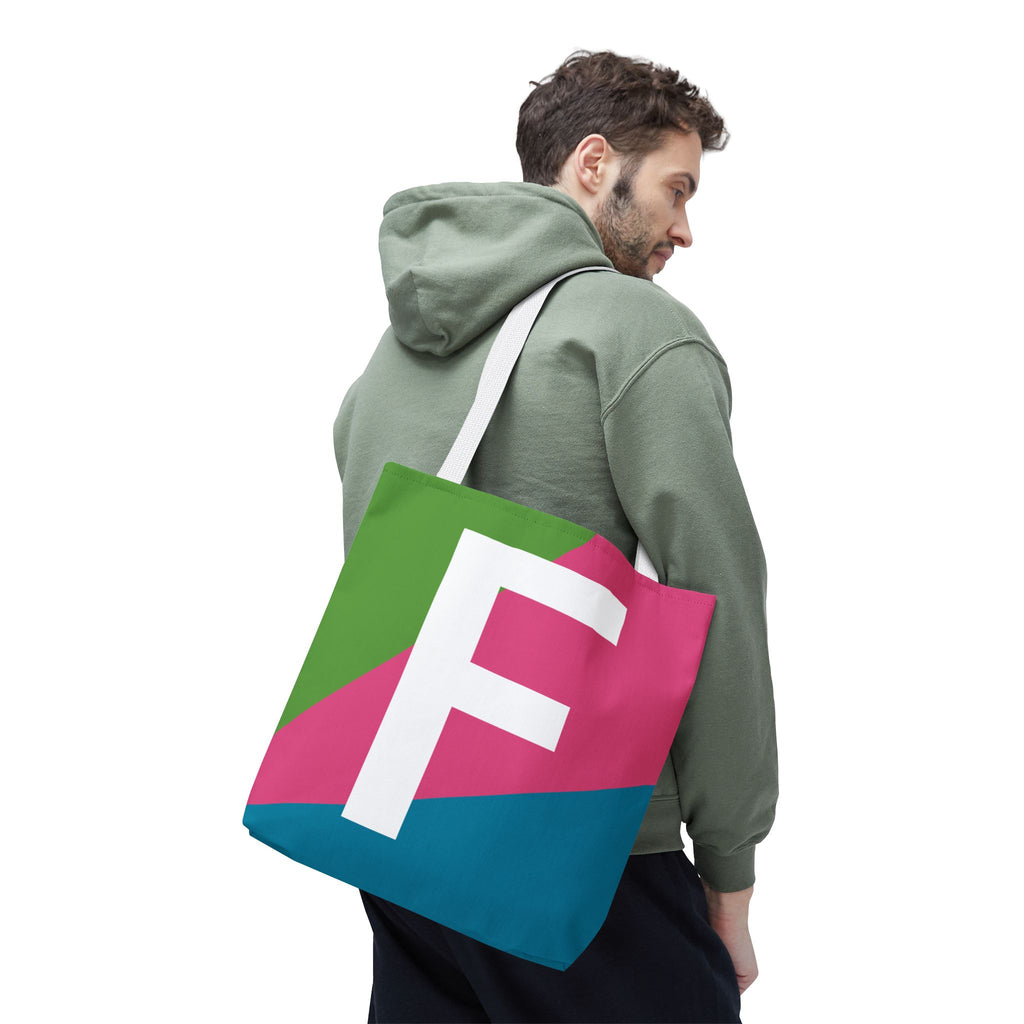 Monogram 'F' Colorblock Tote Bag — Personalized Initial F Shoulder Tote
